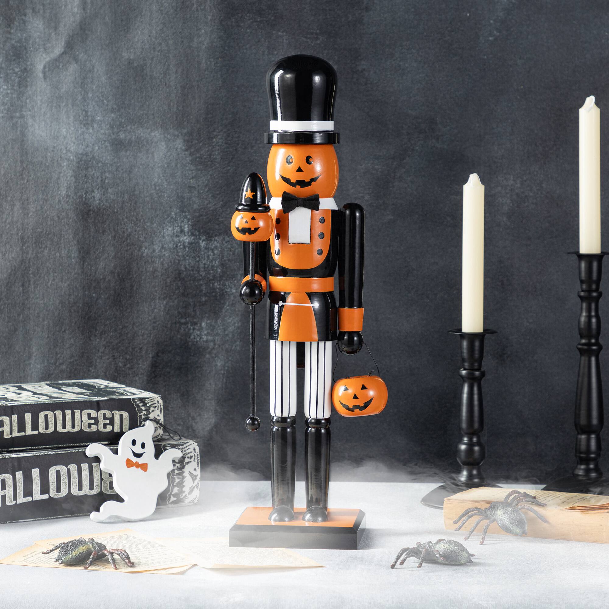 Glitzhome® 18.5"H Halloween Wooden Pumpkin Nutcracker with Ghost Ornament